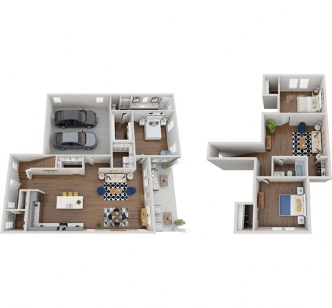 a stylized 3d floor plan of a house with a bedroom and a kitchen